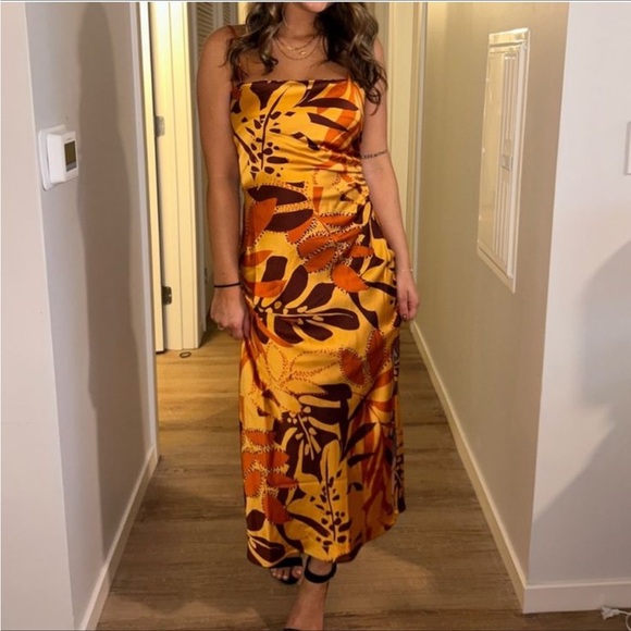 NWT House of Harlow 1960 Ruched Foliage Print Satin Slip Dress - Picture 1 of 5